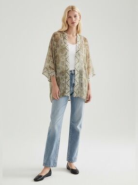 Lynn Ritchie 100% Silk Boho Printed Open Kimono in Olive and Cream. Coverup. OS